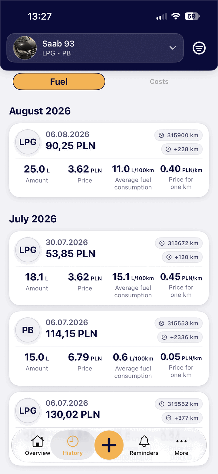 FuelUp cost panel for Fuel log app