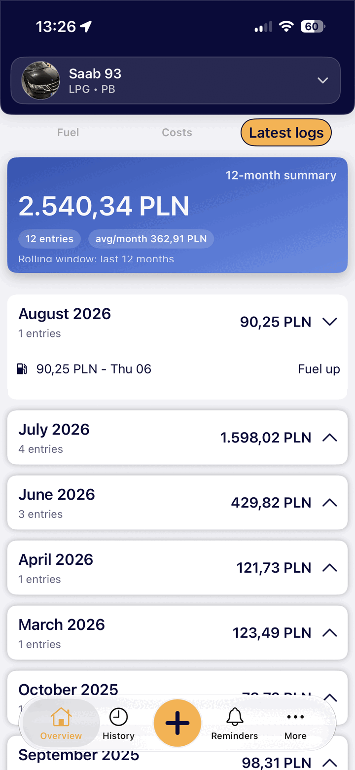 Cost and entry history in FuelUp