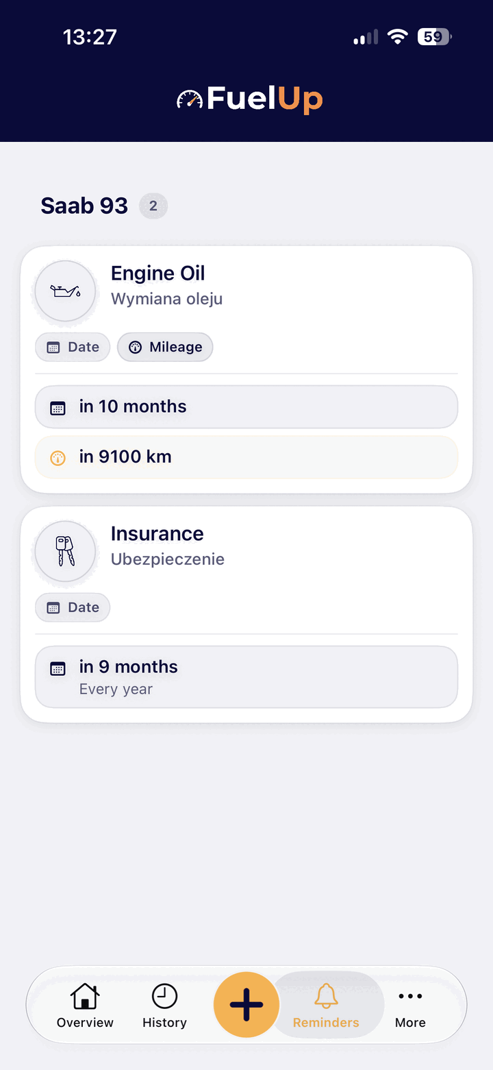 FuelUp cost panel for Service reminders