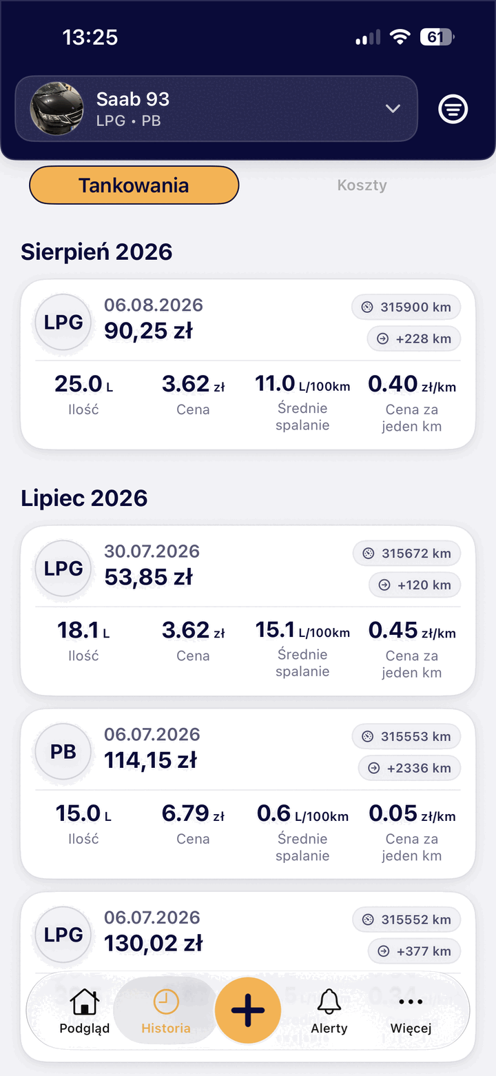 Dashboard kosztów i tankowań w FuelUp