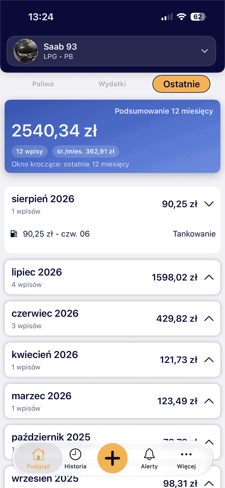 Historia kosztów i wpisów w FuelUp