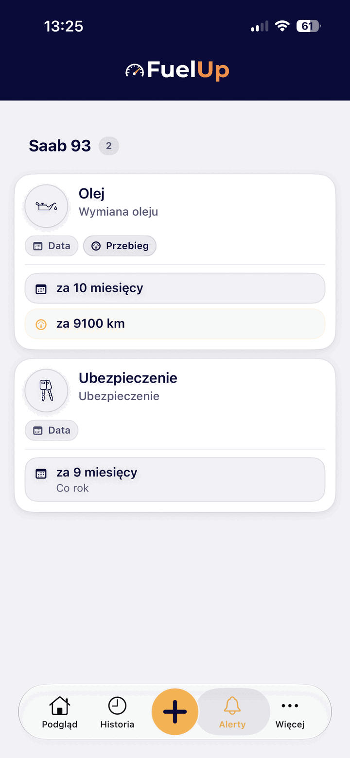 Przypomnienia i wpisy pojazdu w FuelUp